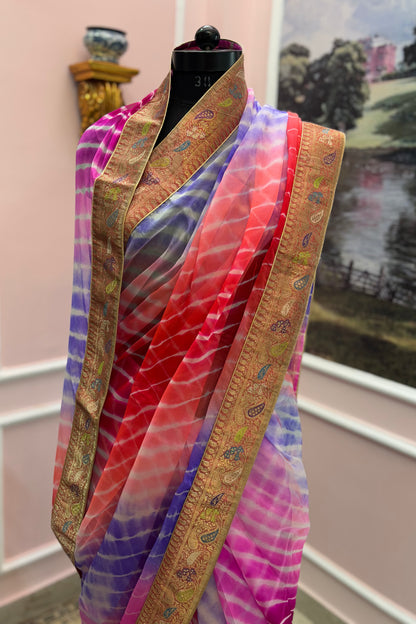 Four shade ombre leheriya antique border saree