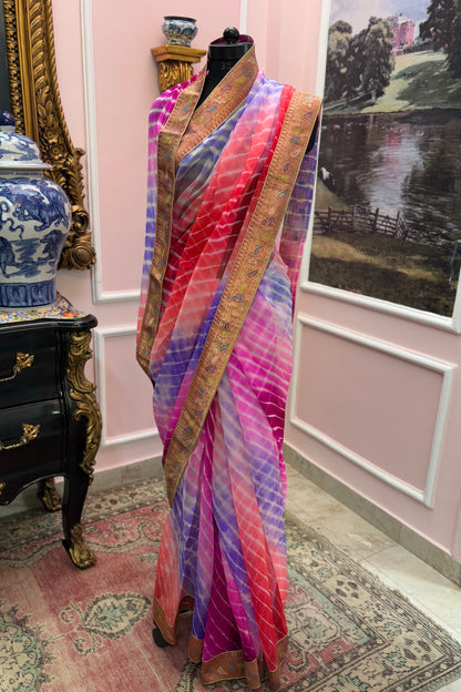 Four shade ombre leheriya antique border saree