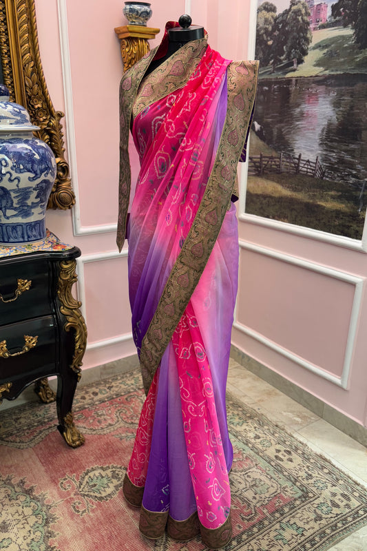 Purple pink ombre bandhej antique border saree