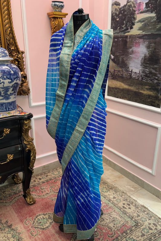 Blue ombre leheriya antique border saree