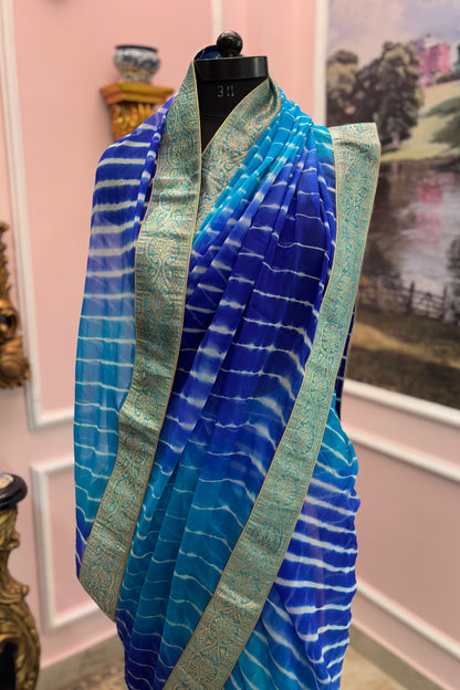 Blue ombre leheriya antique border saree