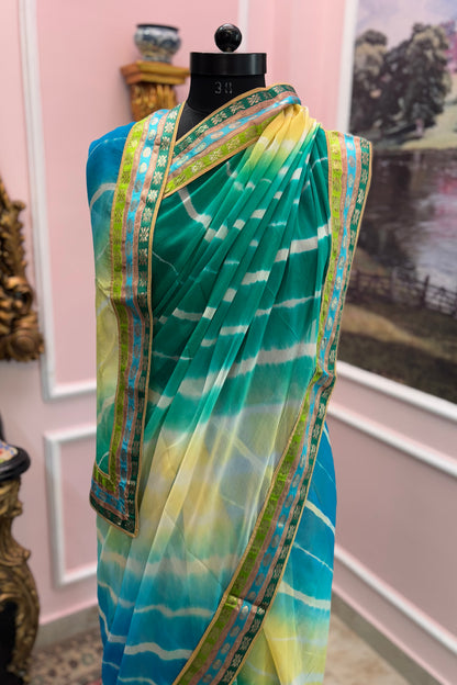 Green ombre leheriya antique border saree