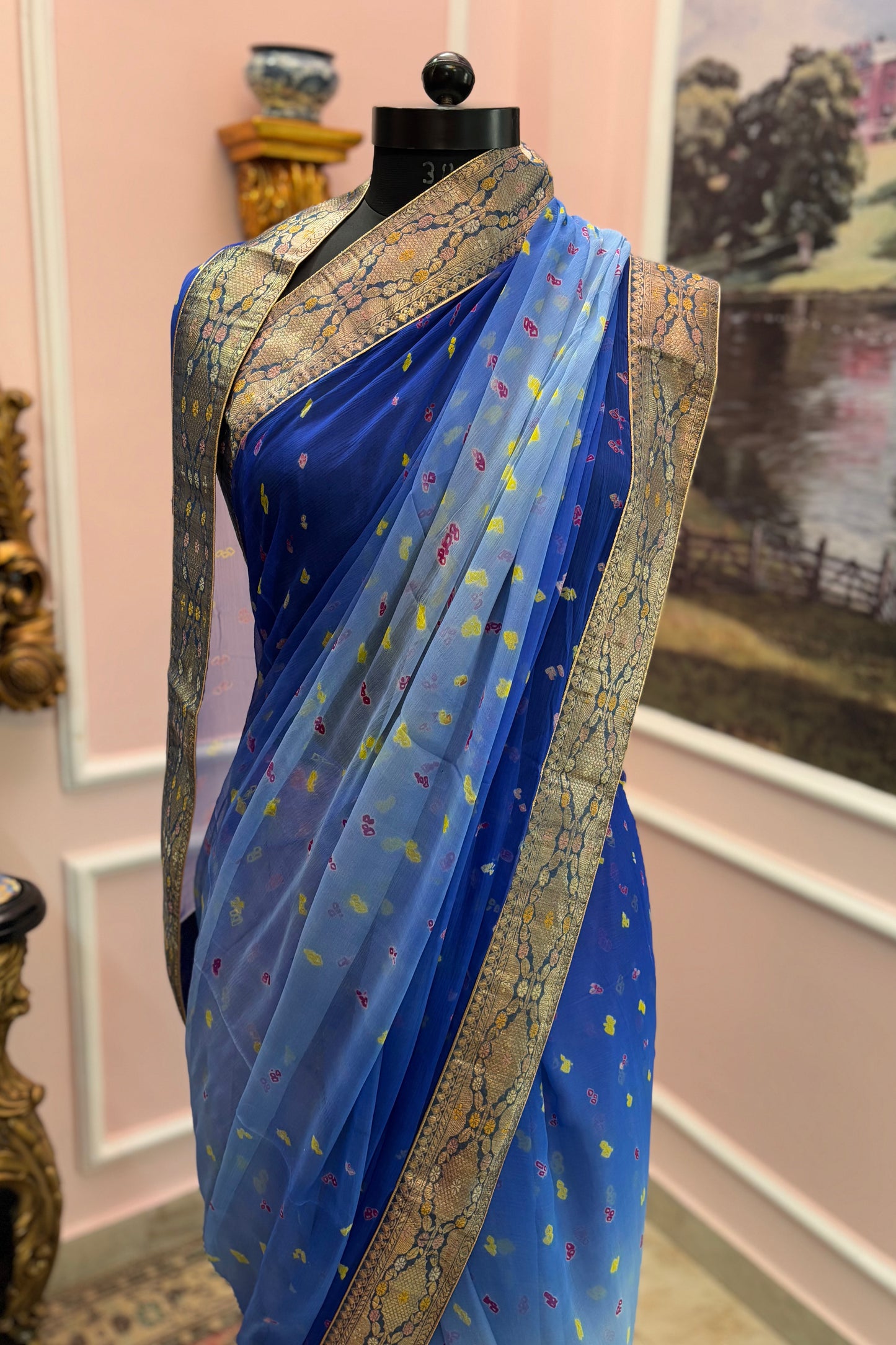 Blue ombre bandhej antique border saree