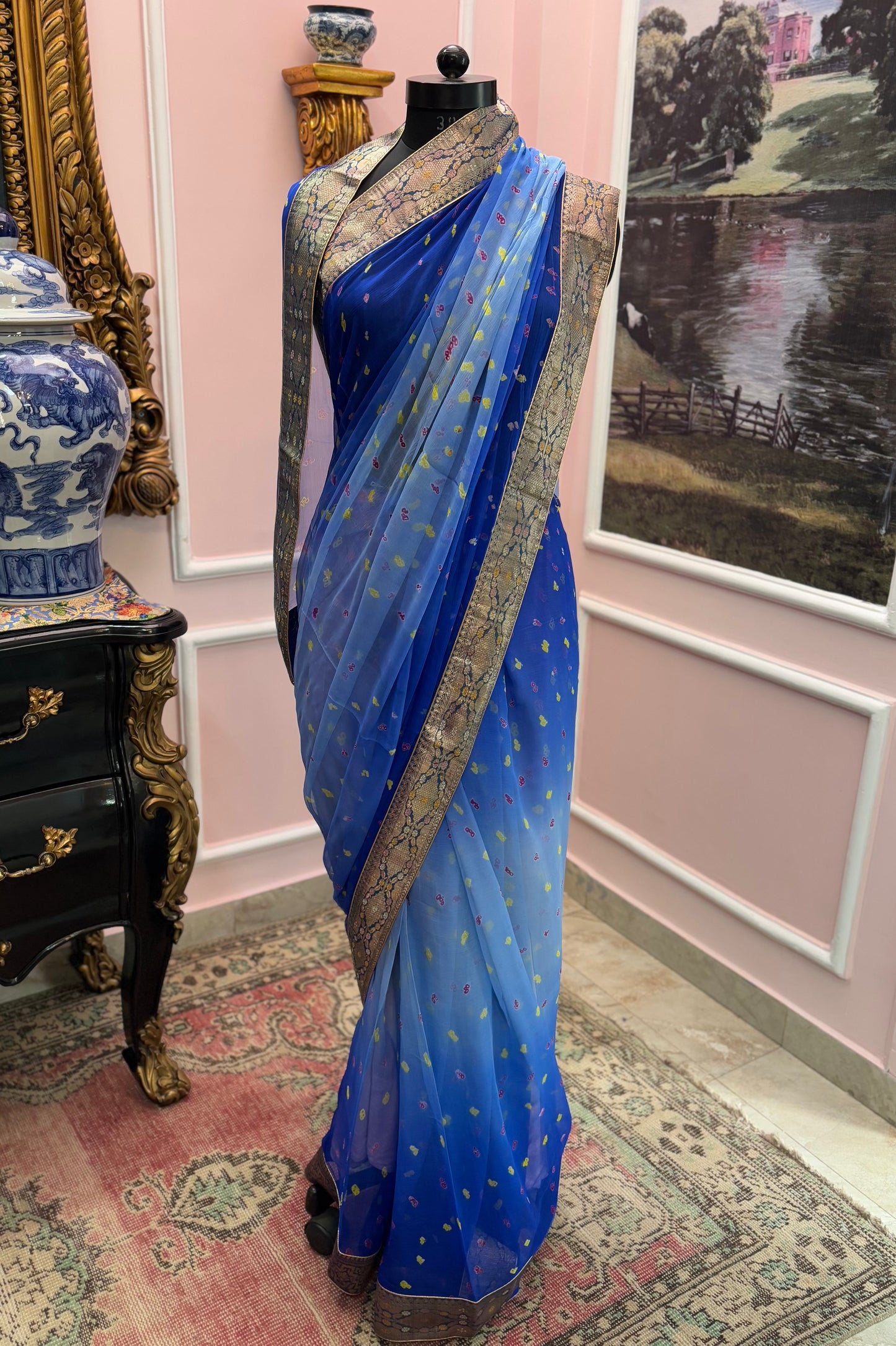 Blue ombre bandhej antique border saree