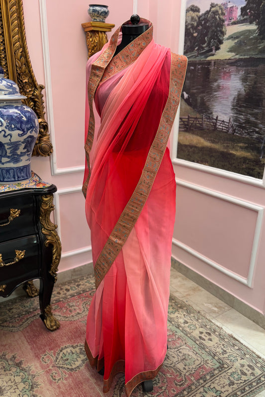 Red pink ombre antique border saree