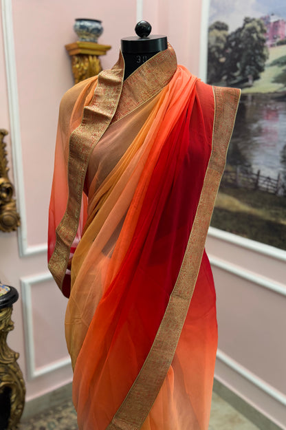 Orange ombre antique border saree