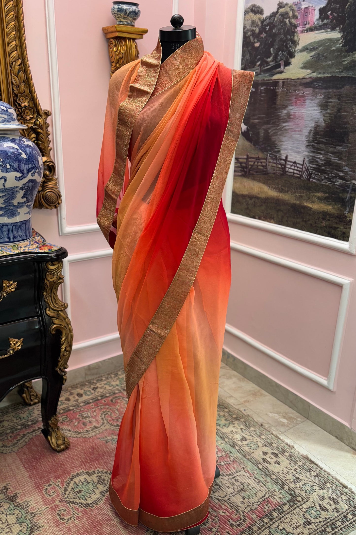 Orange ombre antique border saree