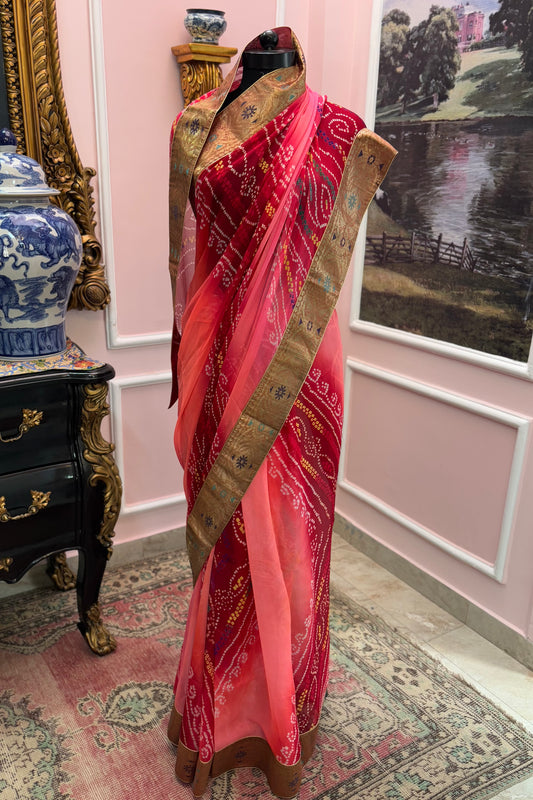 Red Orange ombre bandhej antique border saree