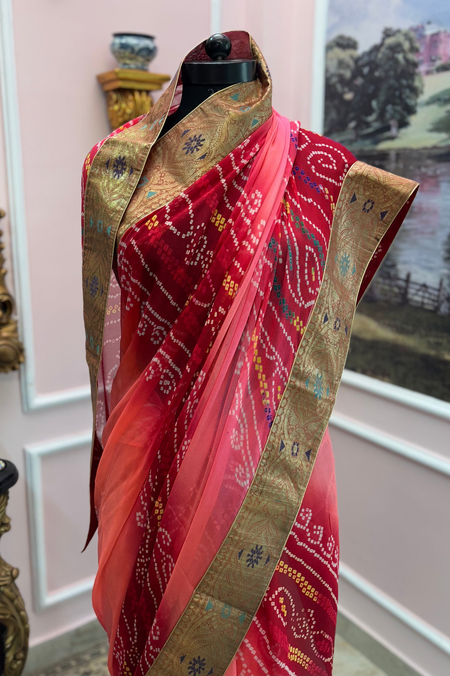 Red Orange ombre bandhej antique border saree