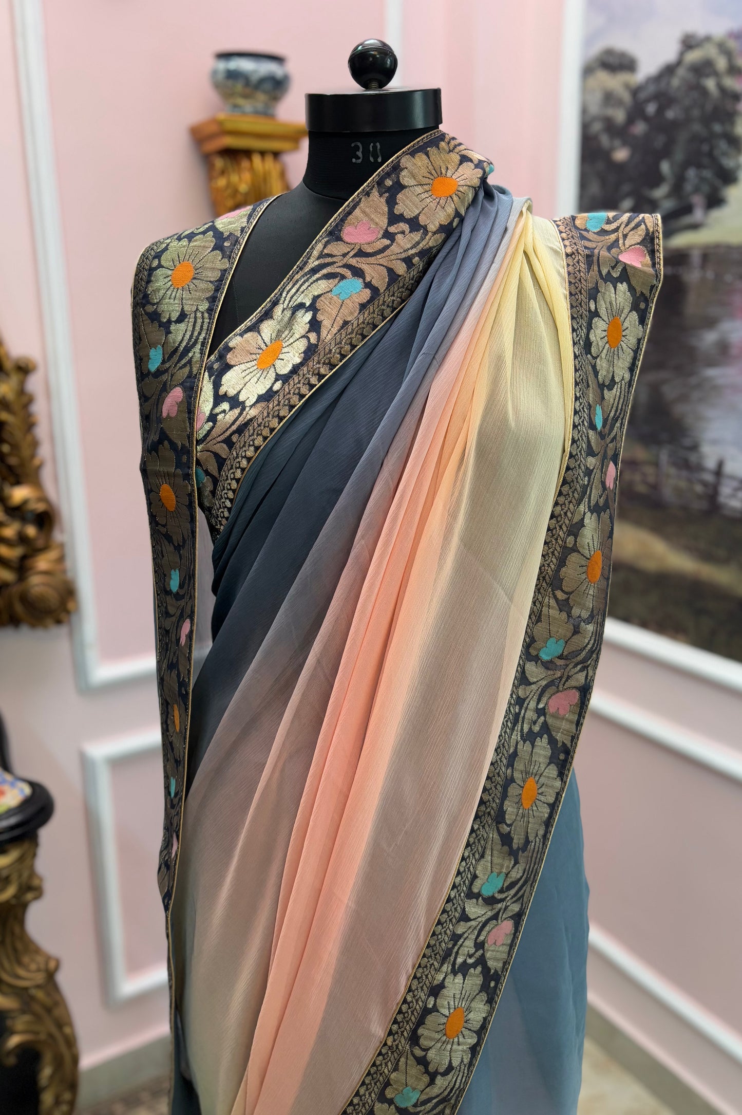 Peach blue yellow ombre antique border saree