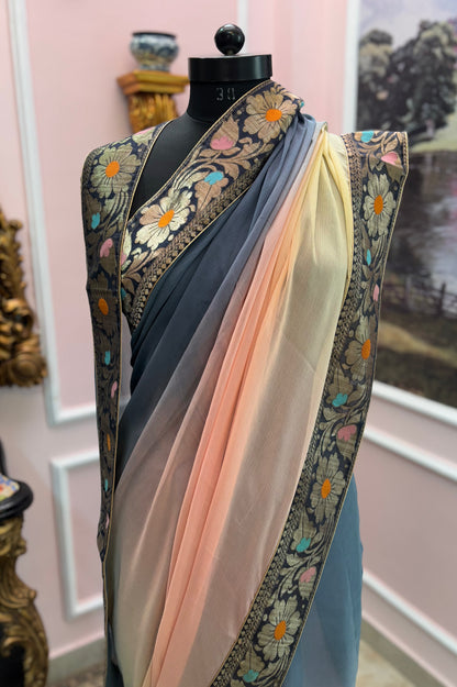 Peach blue yellow ombre antique border saree