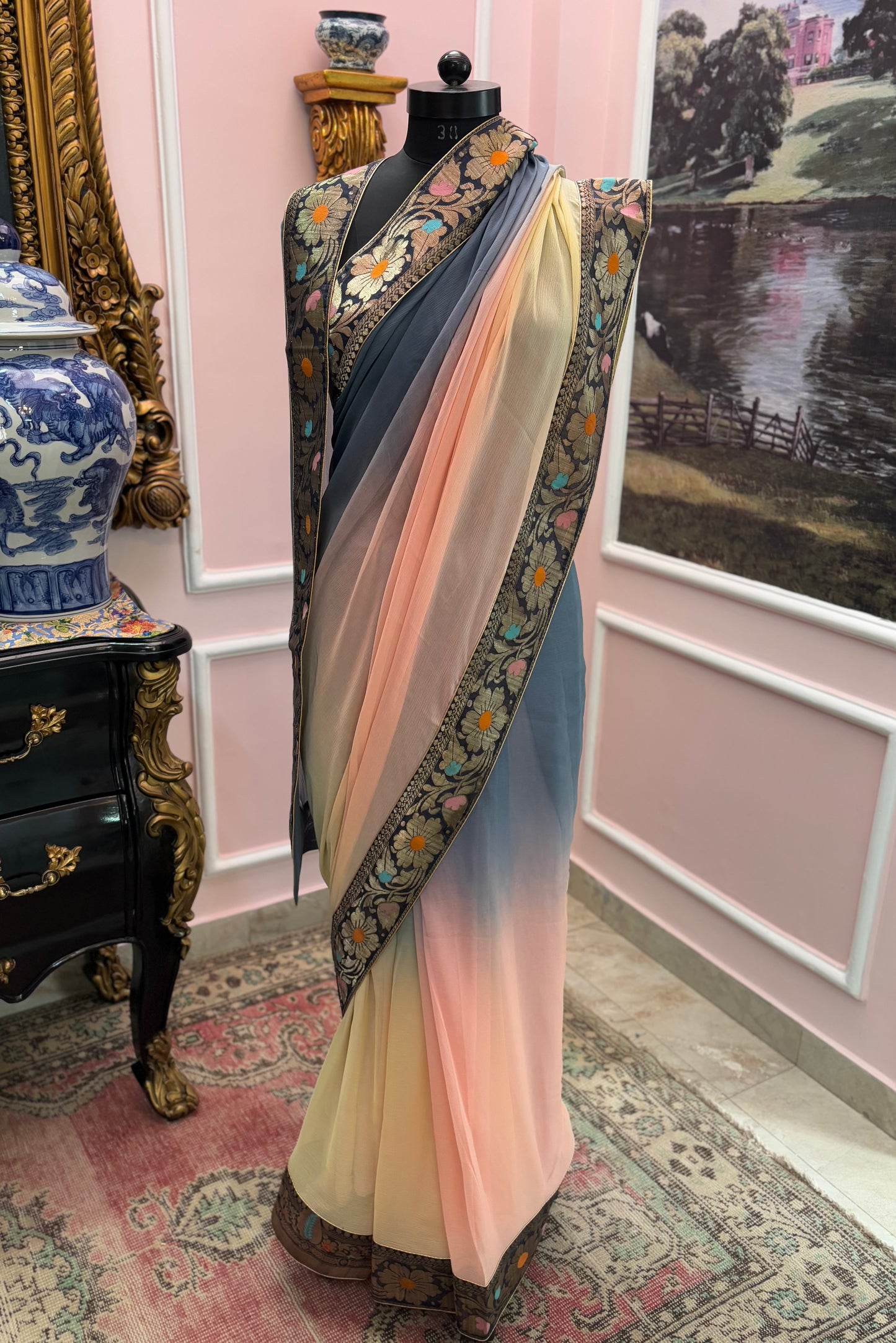 Peach blue yellow ombre antique border saree