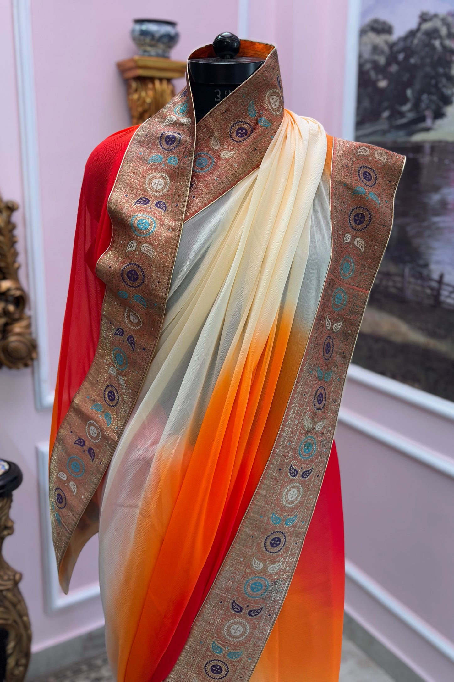 Orange ombre antique border saree