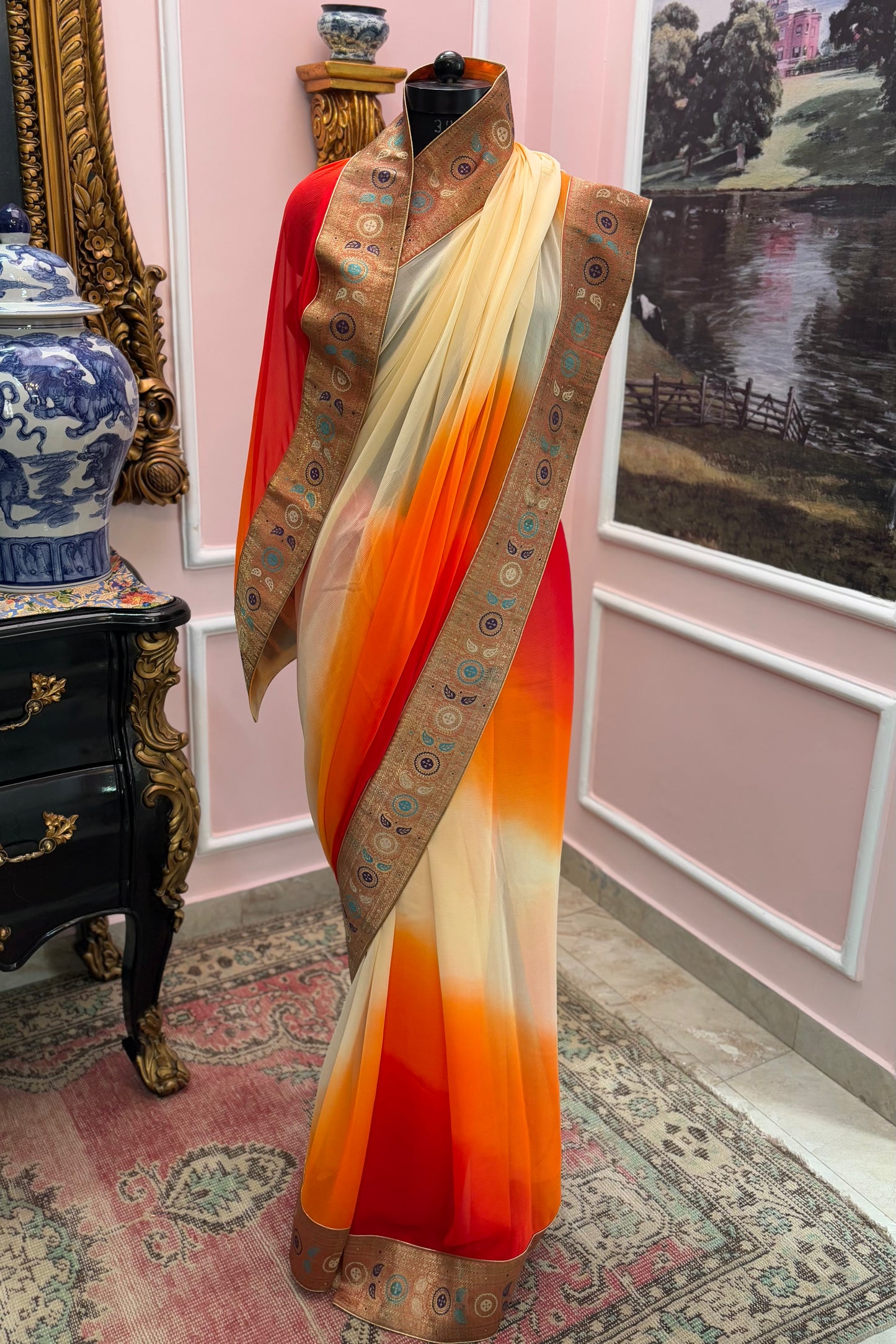 Orange ombre antique border saree