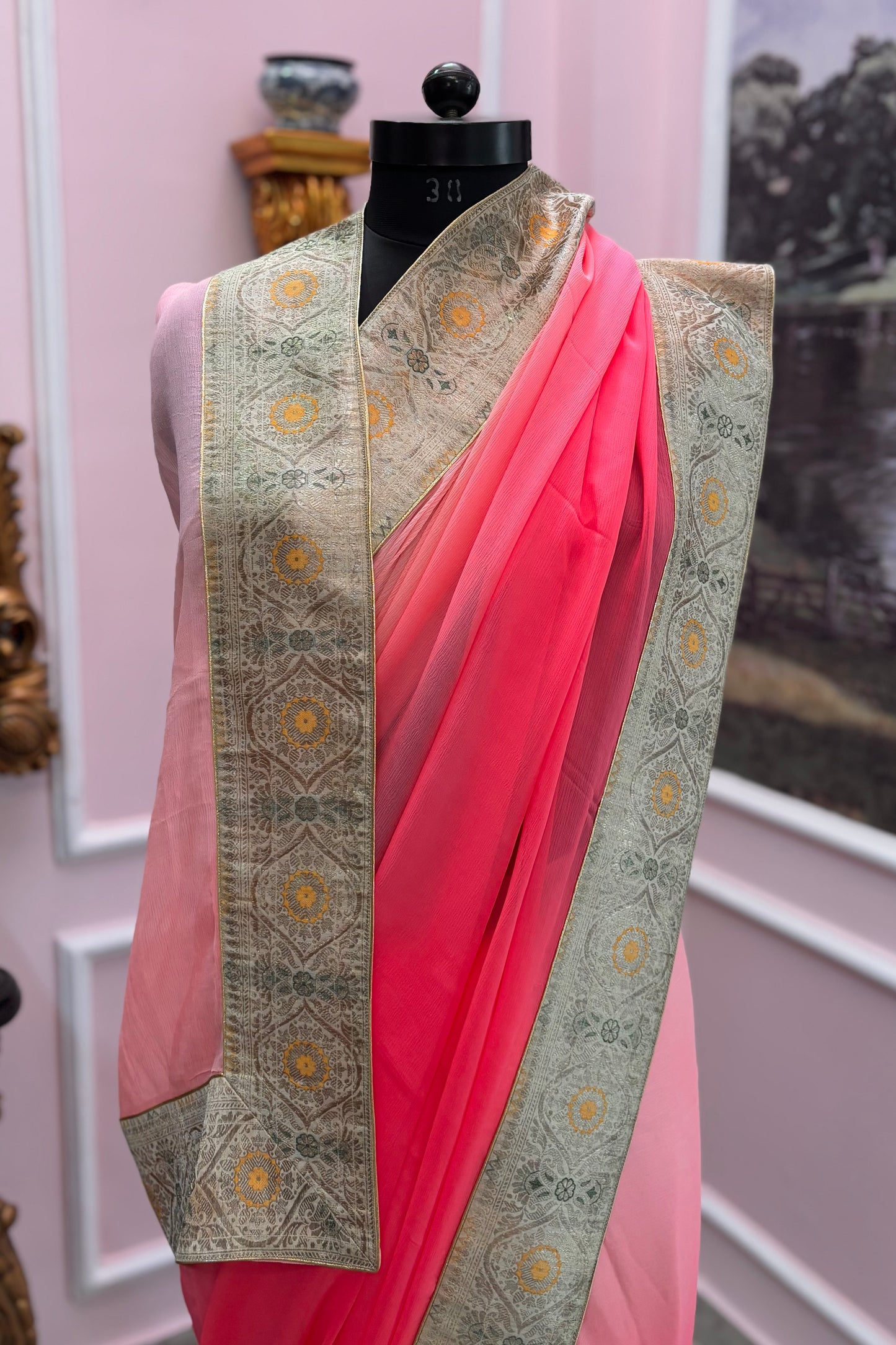 Rani peach ombre antique border saree