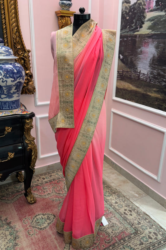 Rani peach ombre antique border saree