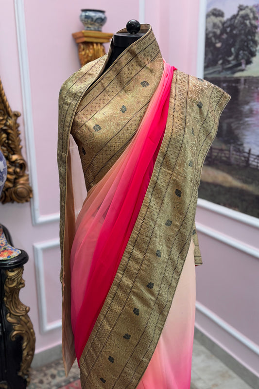 Peach rani ombre leheriya antique border saree