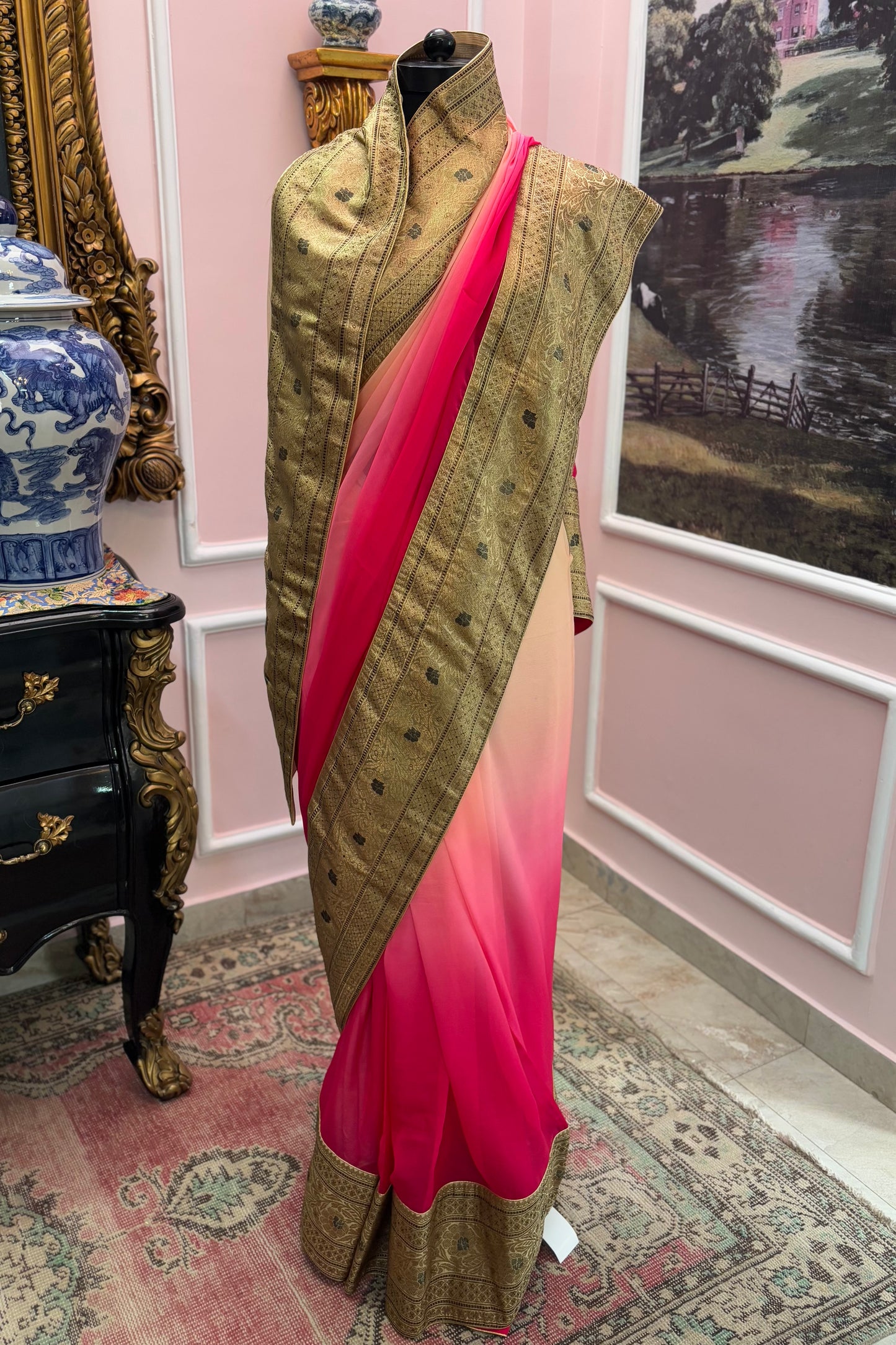 Peach rani ombre leheriya antique border saree