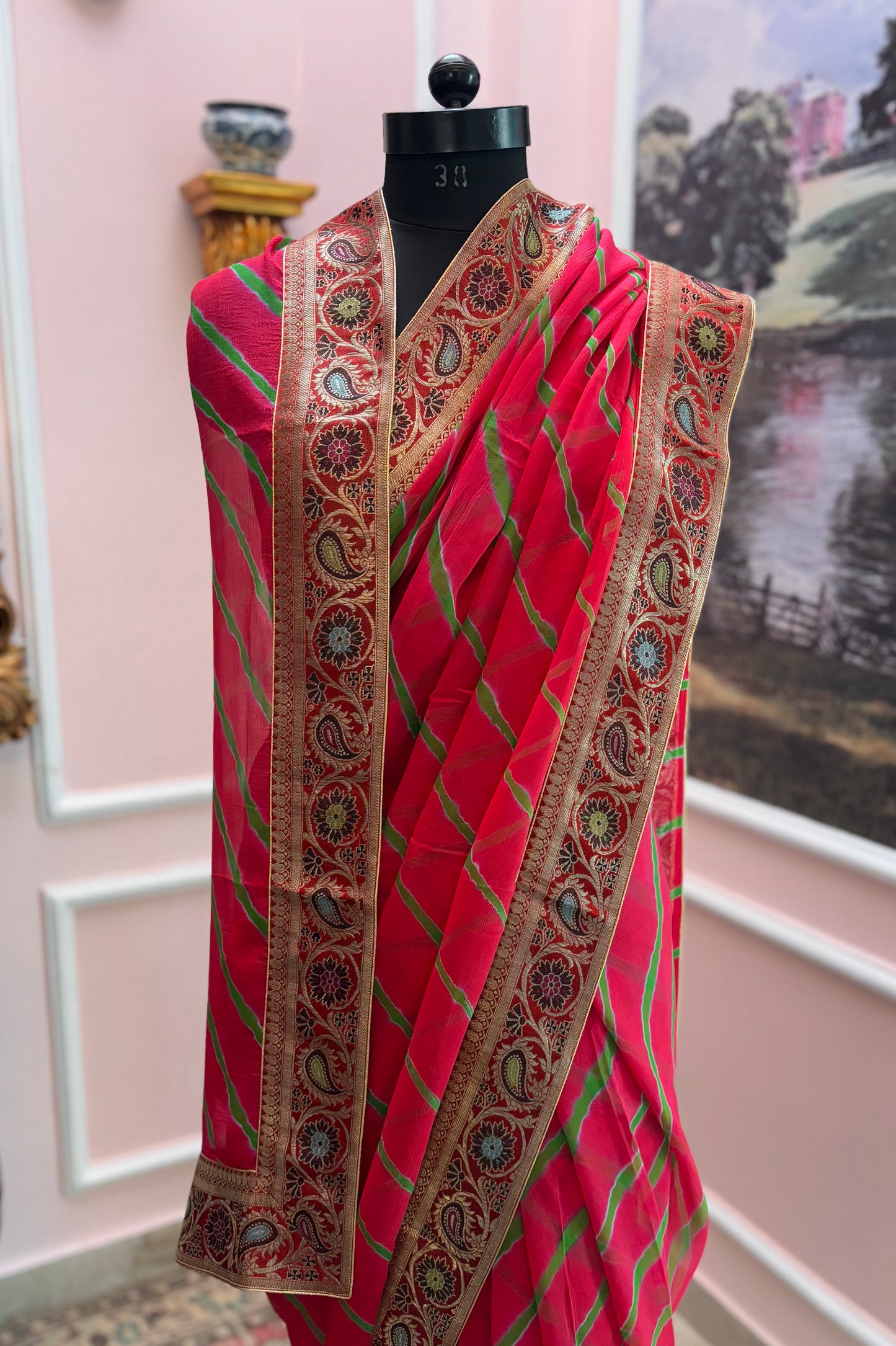 Red leheriya antique border saree