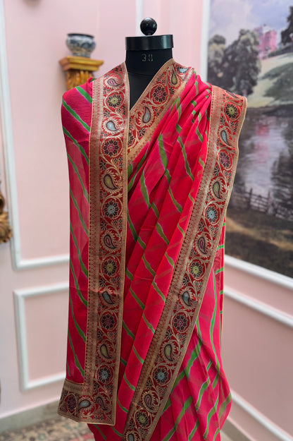 Red leheriya antique border saree