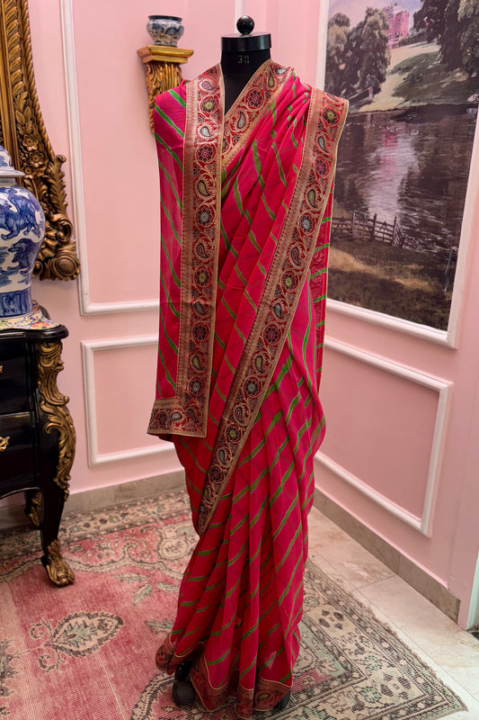 Red leheriya antique border saree