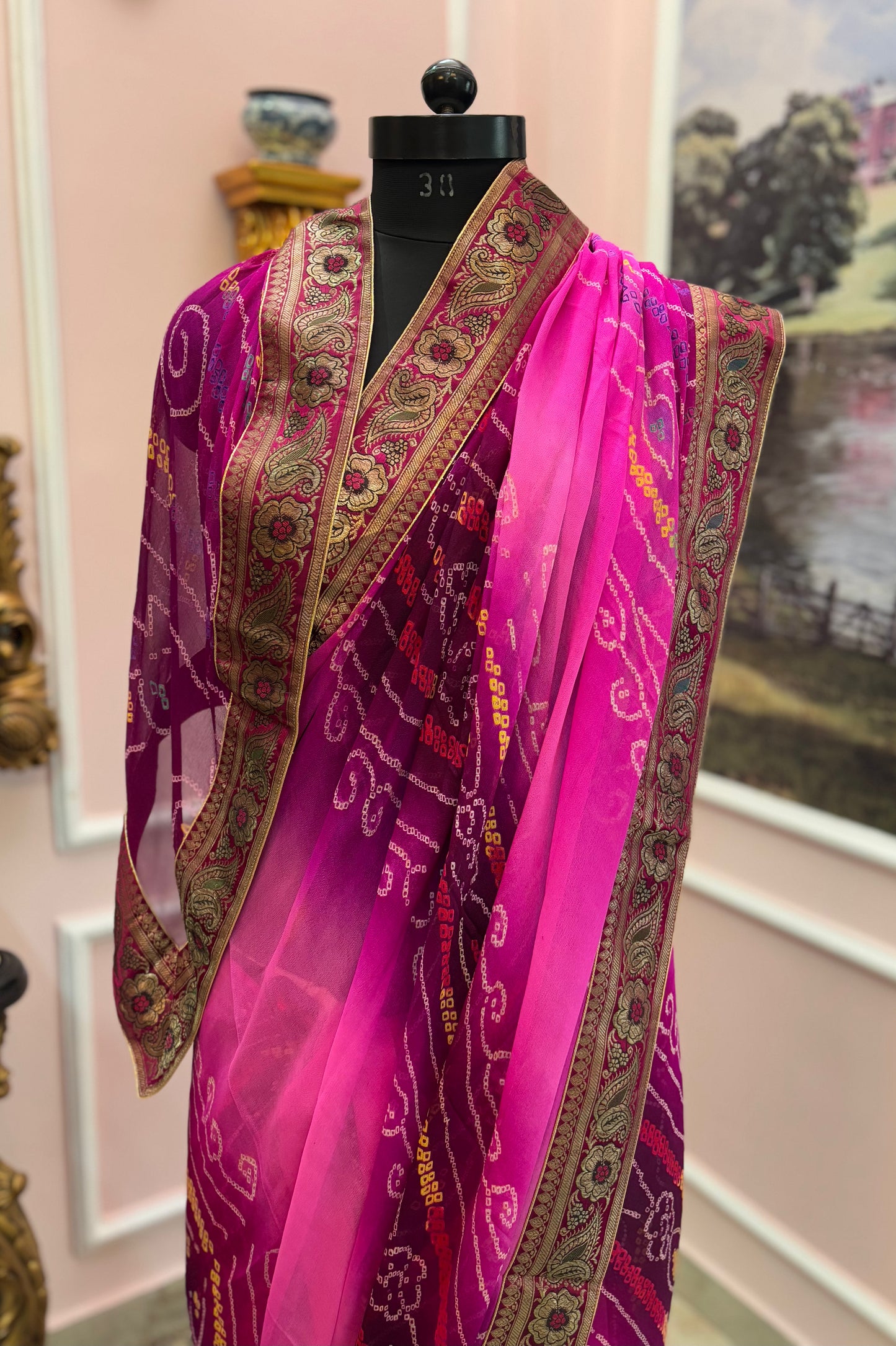 Purple ombre bandhej antique border saree