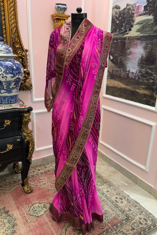 Purple ombre bandhej antique border saree