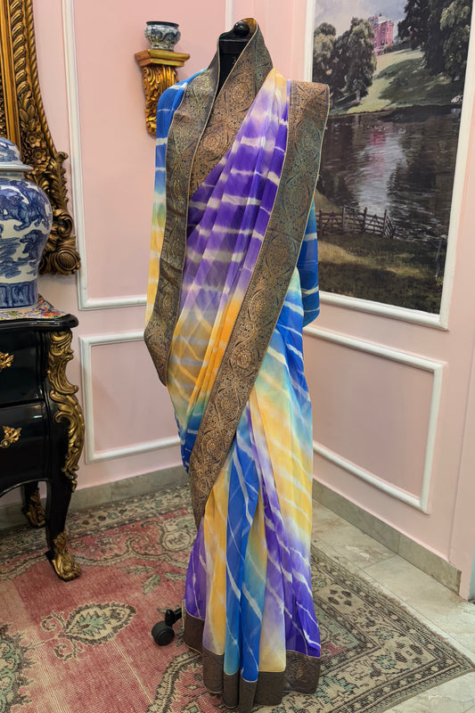 Blue yellow ombre leheriya antique border saree