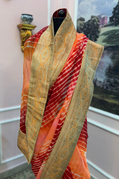 Red orange ombre leheriya antique border saree