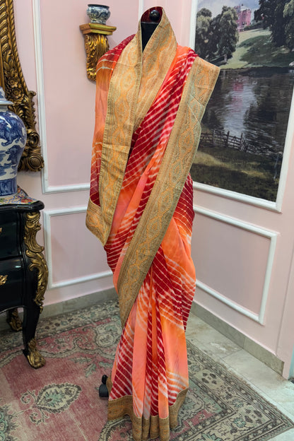 Red orange ombre leheriya antique border saree