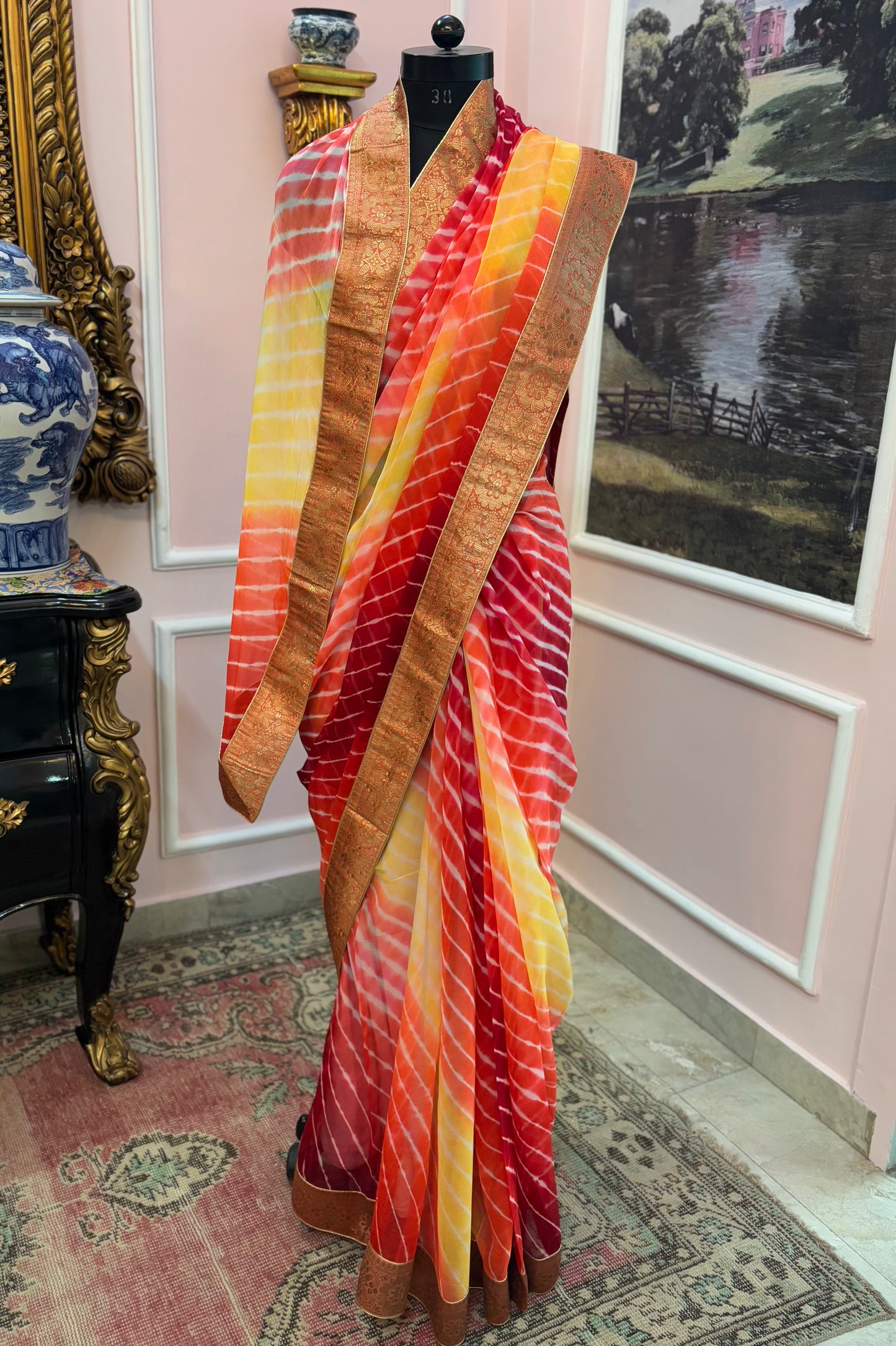 Red yellow ombre leheriya antique border saree