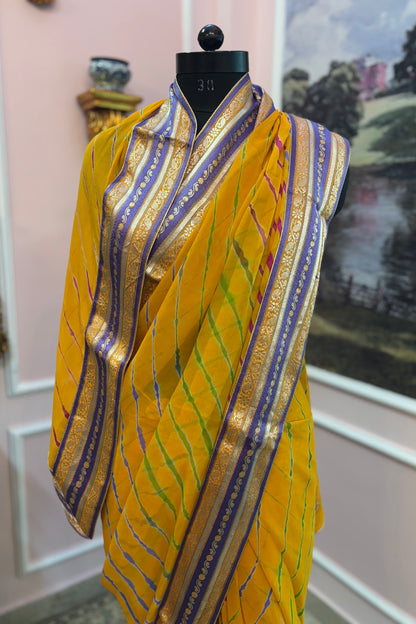 Yellow leheriya antique border saree