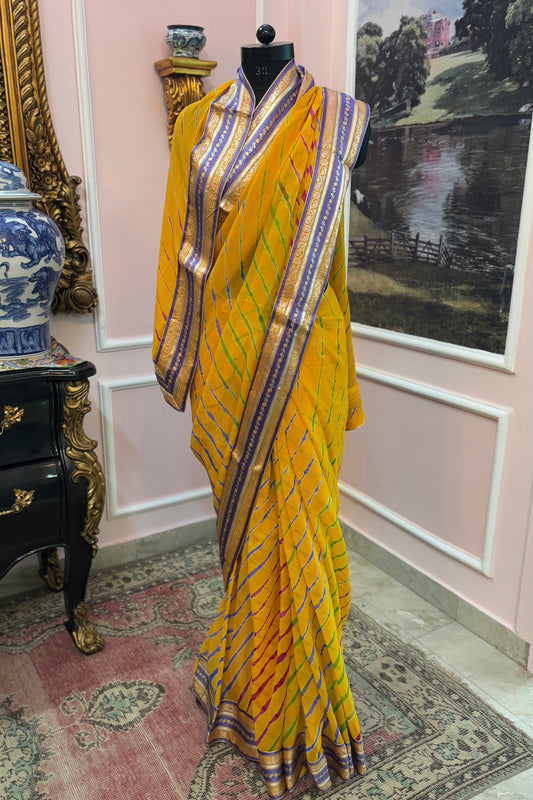 Yellow leheriya antique border saree