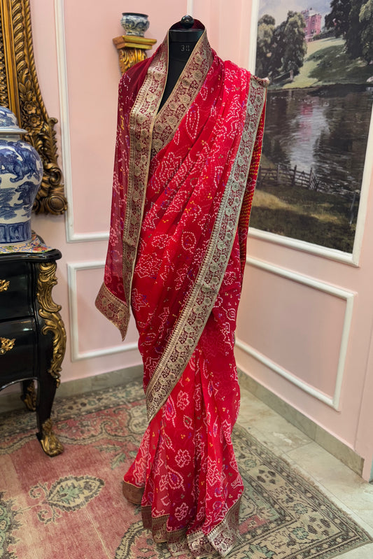 Red shaded ombre bandhej antique border saree