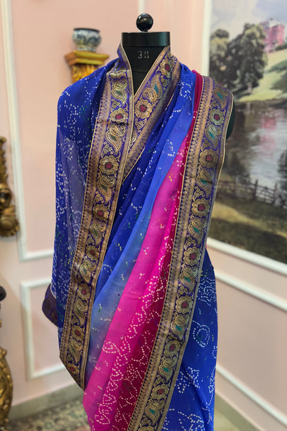 Blue rani ombre bandhej antique border saree