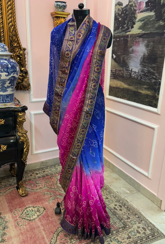 Blue rani ombre bandhej antique border saree