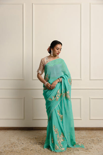 Azuria Teal Chiffon Saree