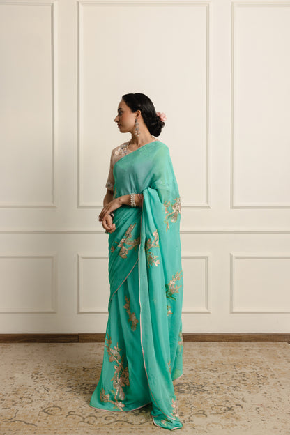 Azuria Teal Chiffon Saree