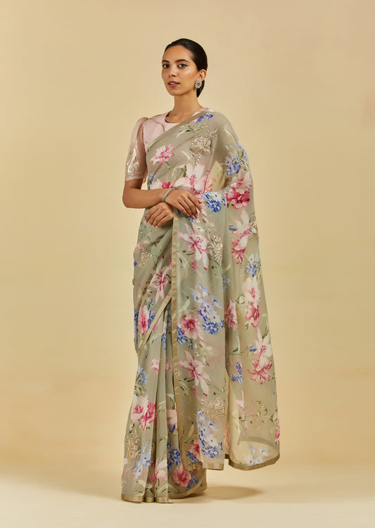 Céline Printed French Chiffon Saree with Hand Embroidered Motif