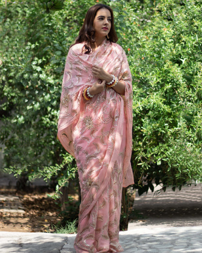 Blush Pink Guldaudi Silk Georgette Saree