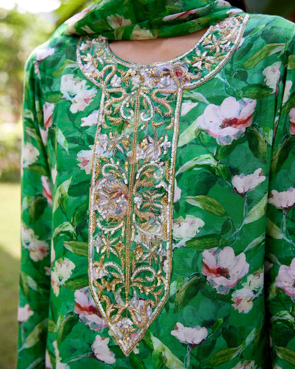 Renuka Green Printed Silk Muslin Kurta Set