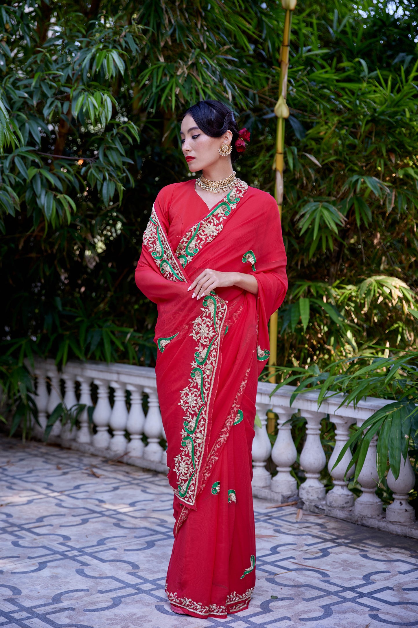 Flaming Red Georgette Le Peroquette Saree