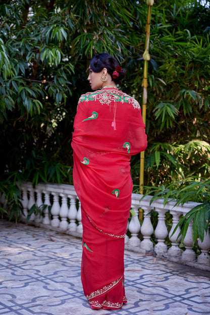 Flaming Red Georgette Le Peroquette Saree