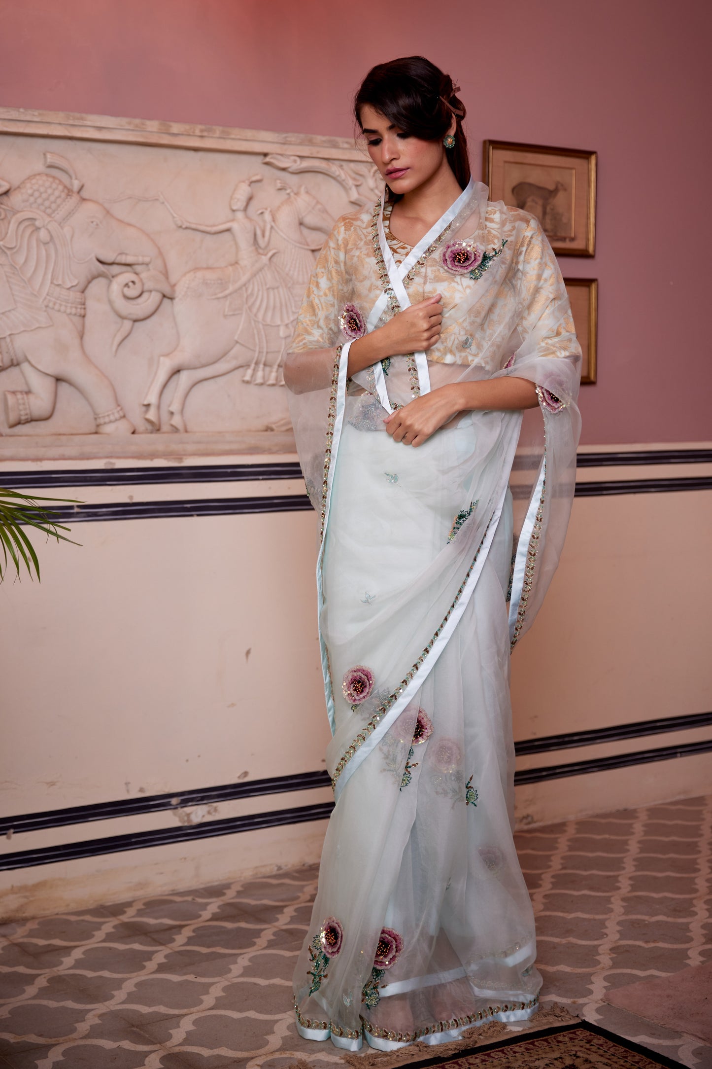 Sea foam Organza Gulab Saree