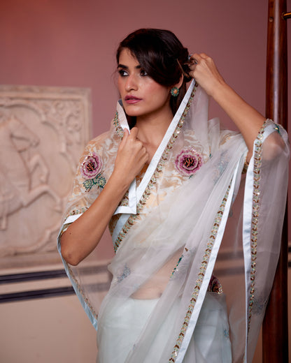 Sea foam Organza Gulab Saree