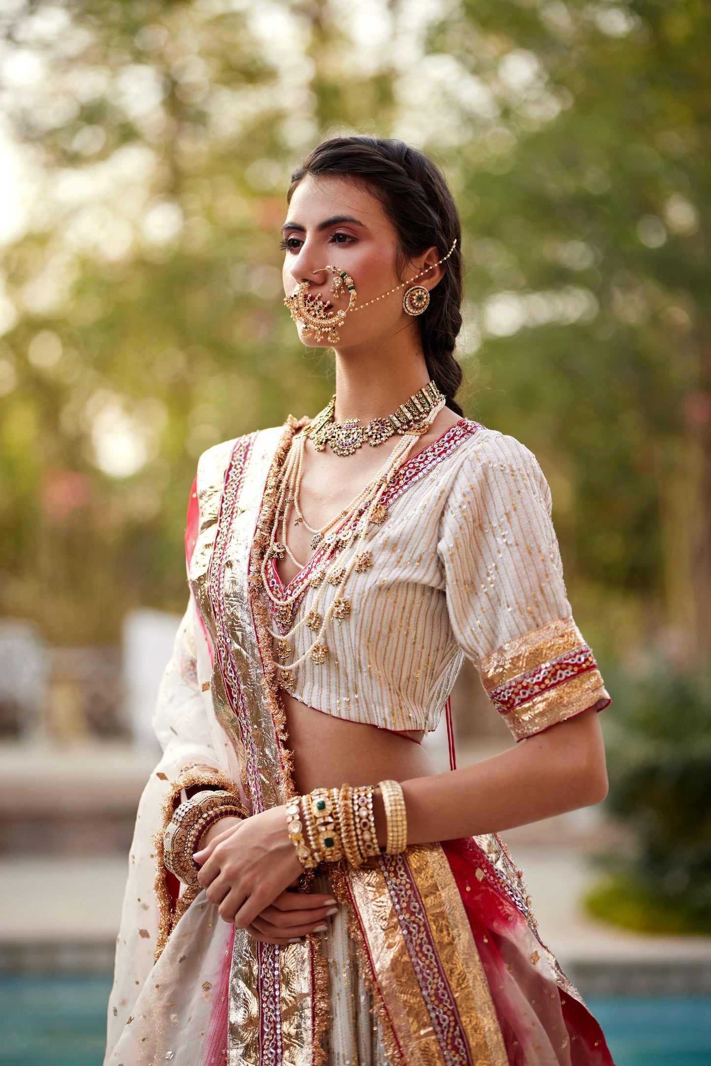 Off White & Red Phaguniya Lehenga