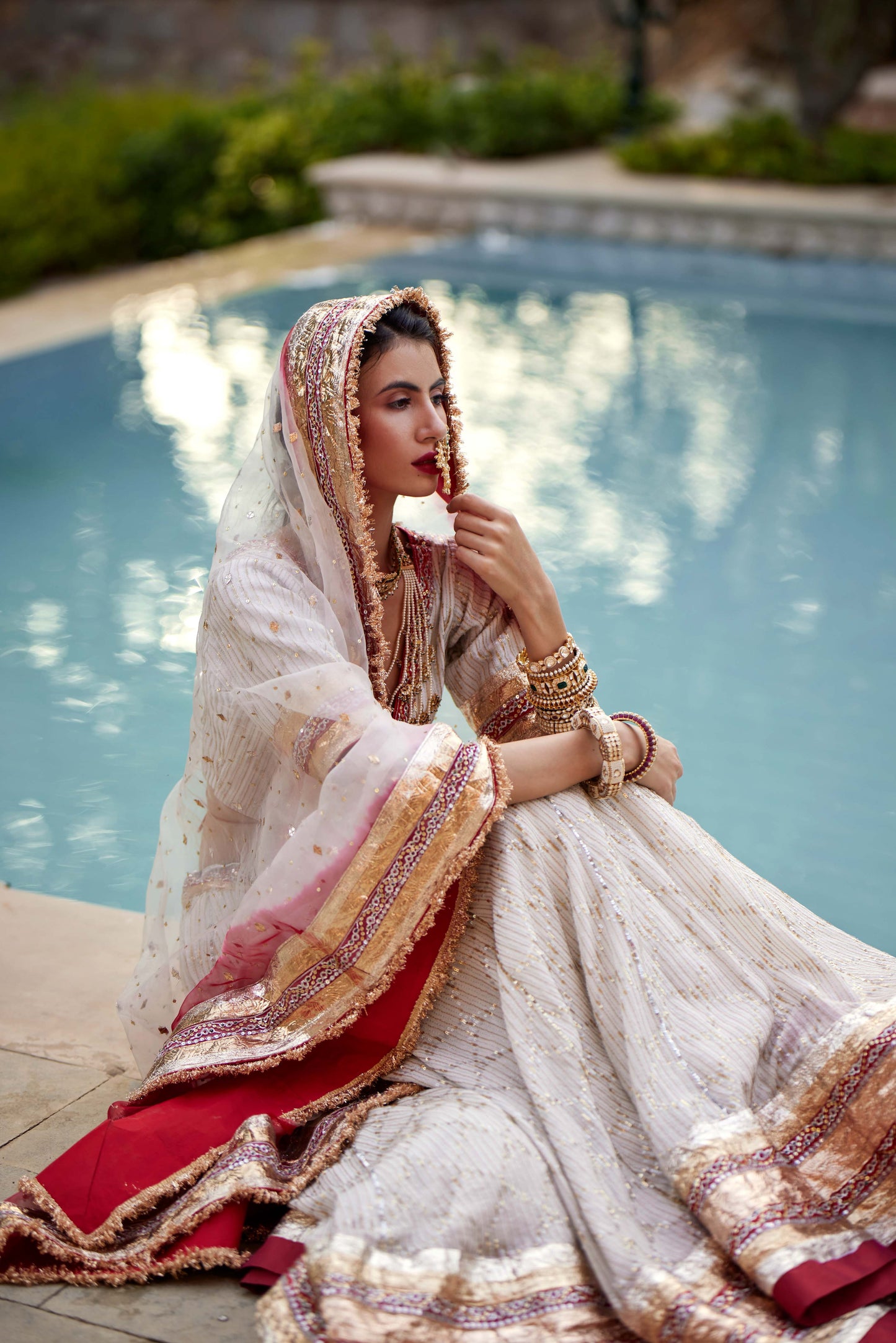 Off White & Red Phaguniya Lehenga